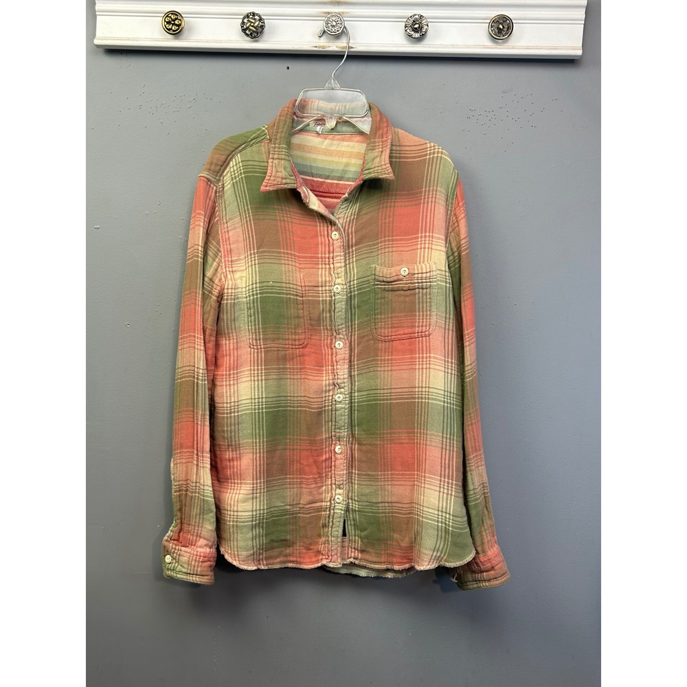 Faherty Reversible Flannel Shirt Womens Large Pink Green Plaid Striped Button Up